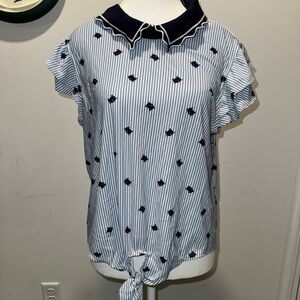 Navy and White Striped Women's Top with Cat Pattern
